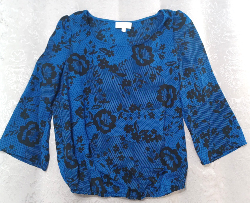 My Michelle Womens Blue Lined Floral Dressy Top Blouse Sz L Pullover